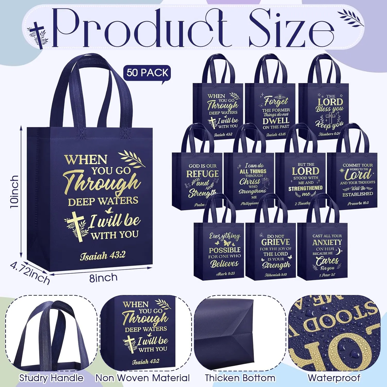 Talltalk 50 Pcs Christian Gift Bag Bulk Reusable Bible Verse Bag Religious Church Non Woven Tote for Easter Sunday School Mothers Fathers Day Gift(Dark Blue)
