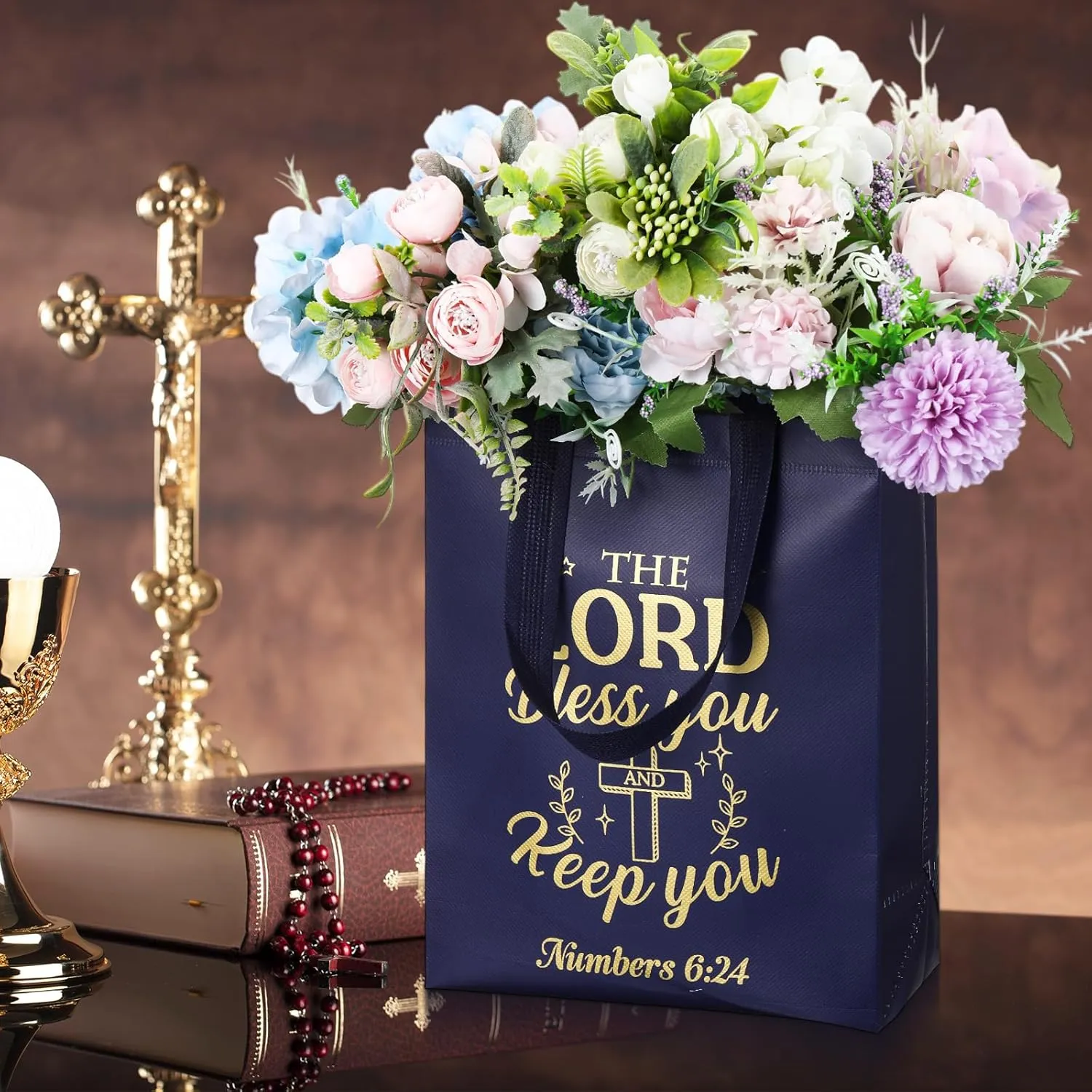 Talltalk 50 Pcs Christian Gift Bag Bulk Reusable Bible Verse Bag Religious Church Non Woven Tote for Easter Sunday School Mothers Fathers Day Gift(Dark Blue)