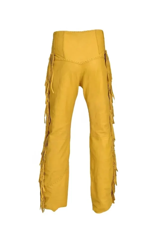Tan Leather Fringe Pants For Men Ragged Leather Western Pant MFP1227