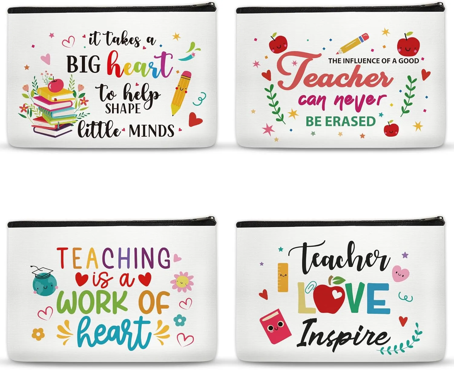 Teacher Appreciation Gifts Makeup Bag - 4 Pcs Best New Teacher Gifts for Women Small Cosmetic Bags Canvas Travel Toiletry Bag with Zipper for Teacher's Day Graduation Back to School