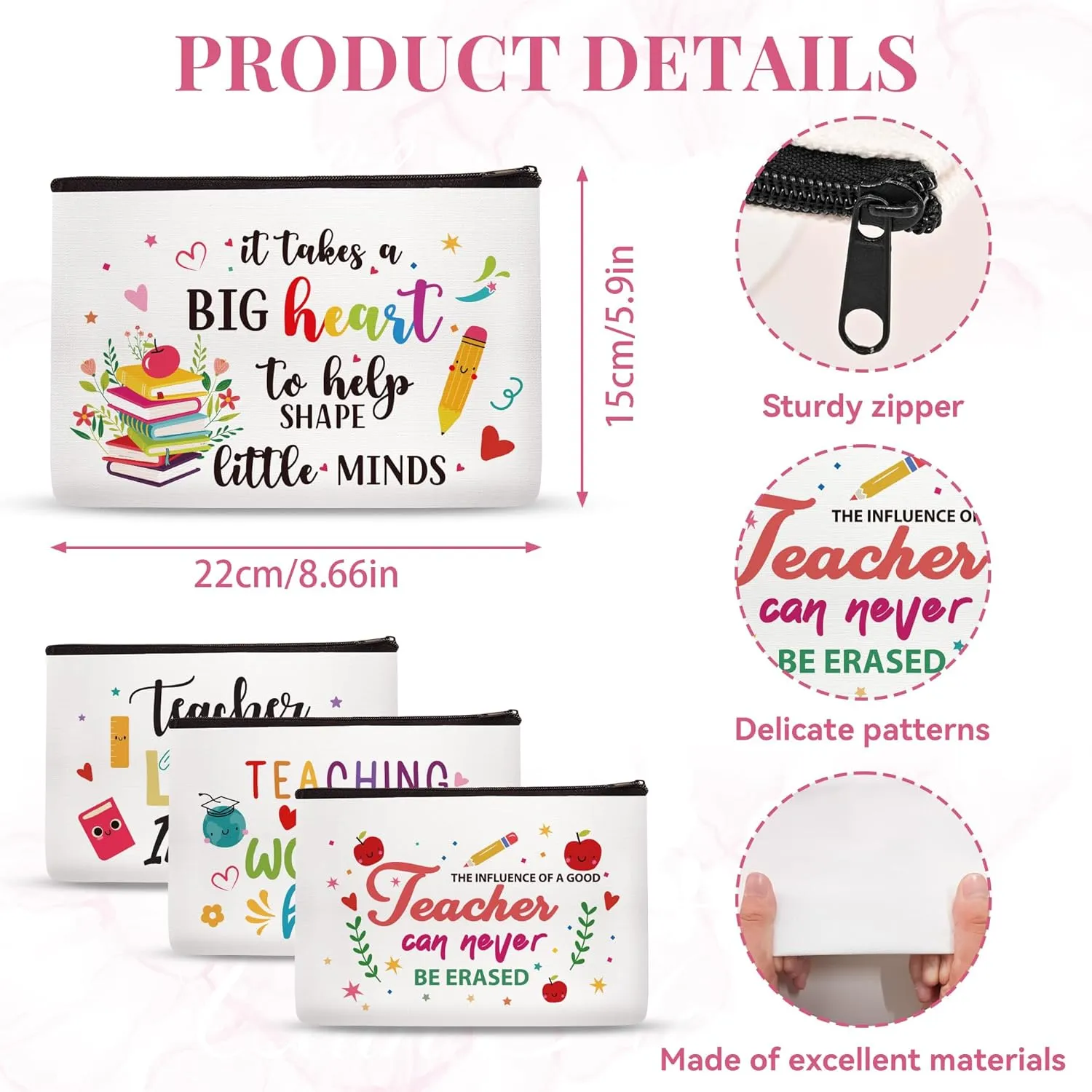 Teacher Appreciation Gifts Makeup Bag - 4 Pcs Best New Teacher Gifts for Women Small Cosmetic Bags Canvas Travel Toiletry Bag with Zipper for Teacher's Day Graduation Back to School
