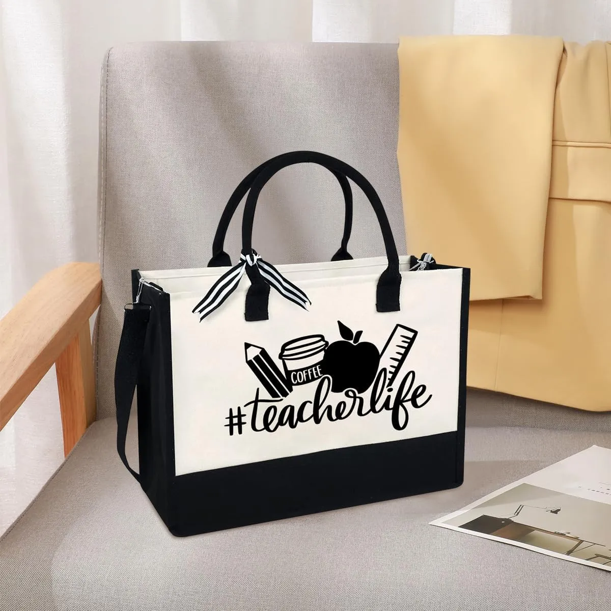 Teacher Appreciation Gifts,Teacher Day Gift for Women,Gifts for Teachers Women,Teacher Birthday Gift for Womens,Initial Canvas Tote Bag With Zipper