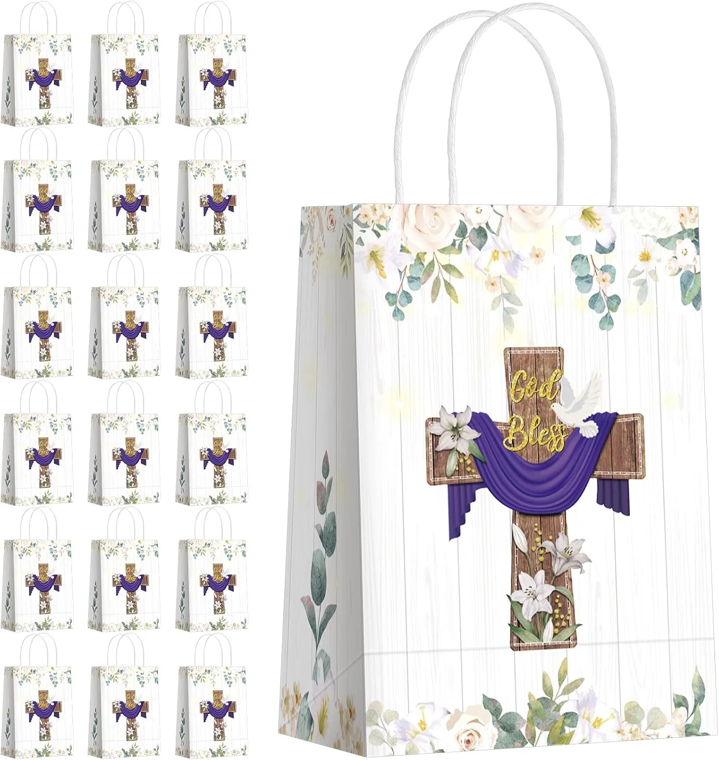 Teling 18 Pcs First Communion Baptism Gift Bags Paper Religious Party Favor Bags God Bless Christianity Cross Goodie Pouch Baptism Party Favors for Christenings Wedding Confirmation