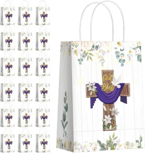 Teling 18 Pcs First Communion Baptism Gift Bags Paper Religious Party Favor Bags God Bless Christianity Cross Goodie Pouch Baptism Party Favors for Christenings Wedding Confirmation