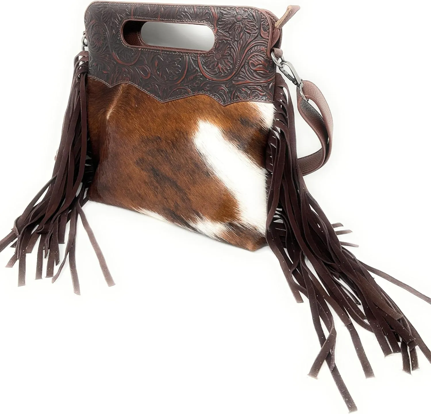 Texas West Handcrafted Genuine Leather Western Cowhide Womens Fringe Clutch Crossbody Bag in 2 Colors