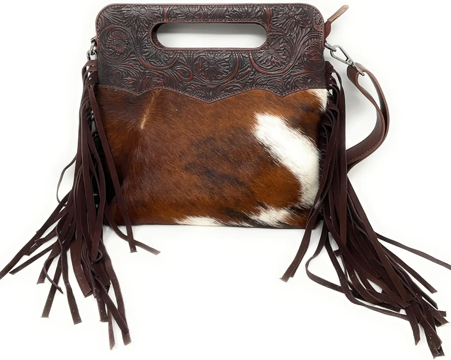 Texas West Handcrafted Genuine Leather Western Cowhide Womens Fringe Clutch Crossbody Bag in 2 Colors