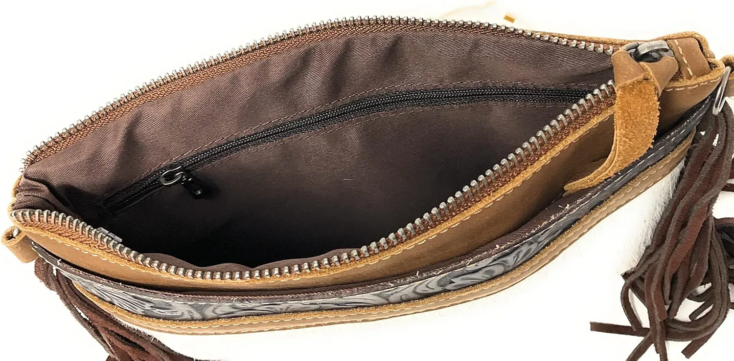 Texas West Handcrafted Genuine Leather Western Cowhide Womens Fringe Clutch Crossbody Bag in 3 Colors