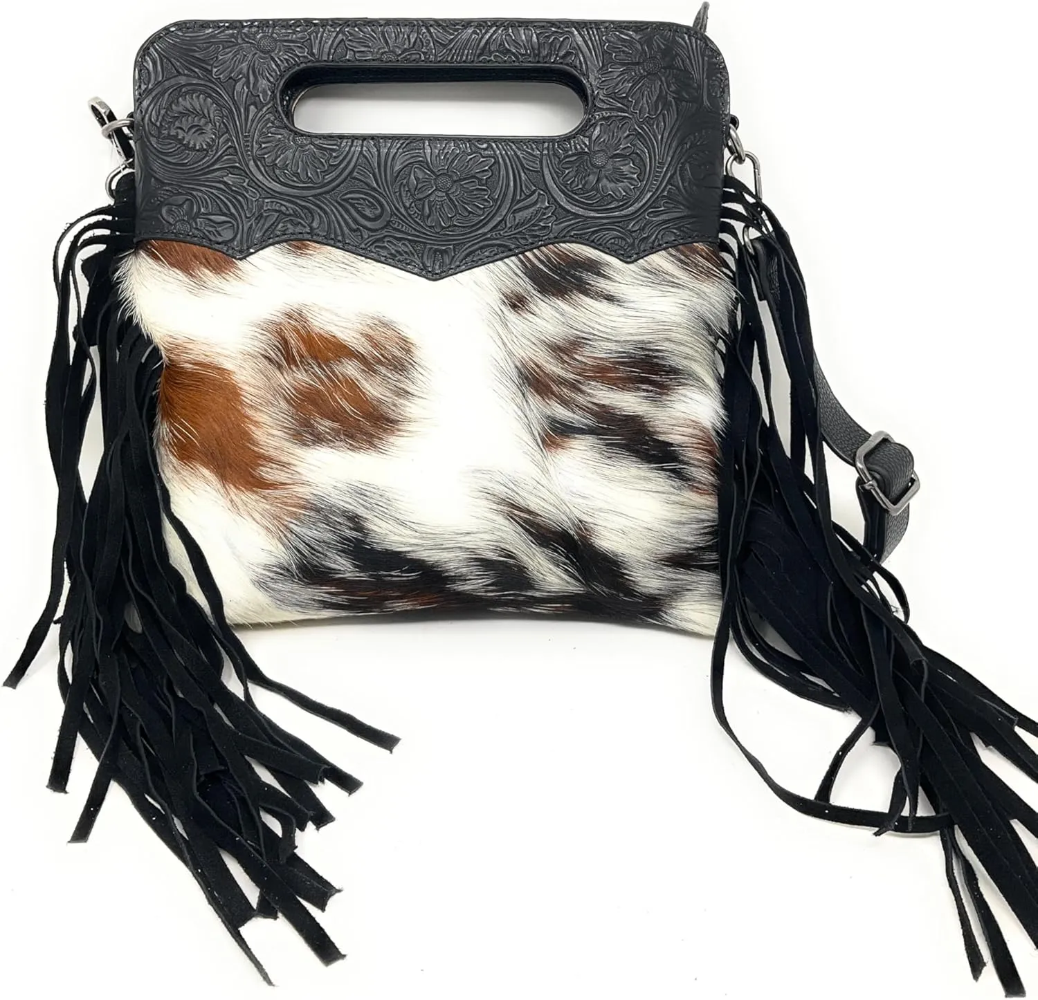 Texas West Western Genuine Leather Cowhide Fur Fringe Womens Crossbody Bag in 3 Colors. Cow fur may vary.