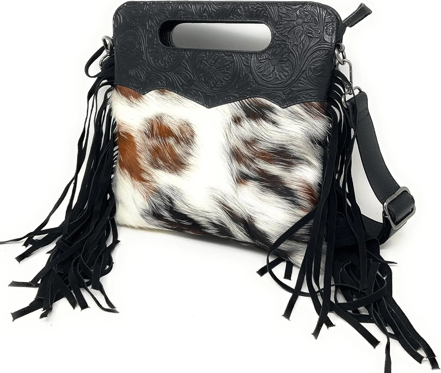 Texas West Western Genuine Leather Cowhide Fur Fringe Womens Crossbody Bag in 3 Colors. Cow fur may vary.