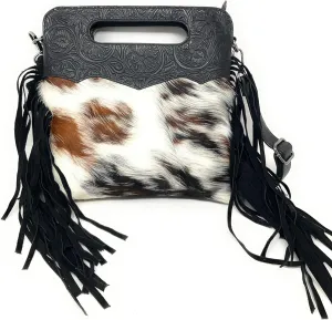 Texas West Western Genuine Leather Cowhide Fur Fringe Womens Crossbody Bag in 3 Colors. Cow fur may vary.
