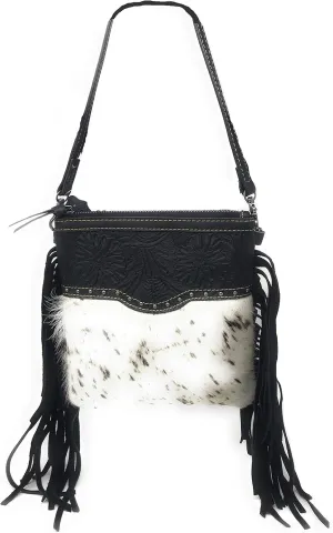 Texas West Western Genuine Leather Cowhide Fur Fringe Womens Crossbody Bag in 3 Colors. Cow fur may vary.