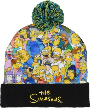 The Simpsons Character Collage Embroidered Logo Fold Cuff Pom Top Adult Knit Beanie Multicolored