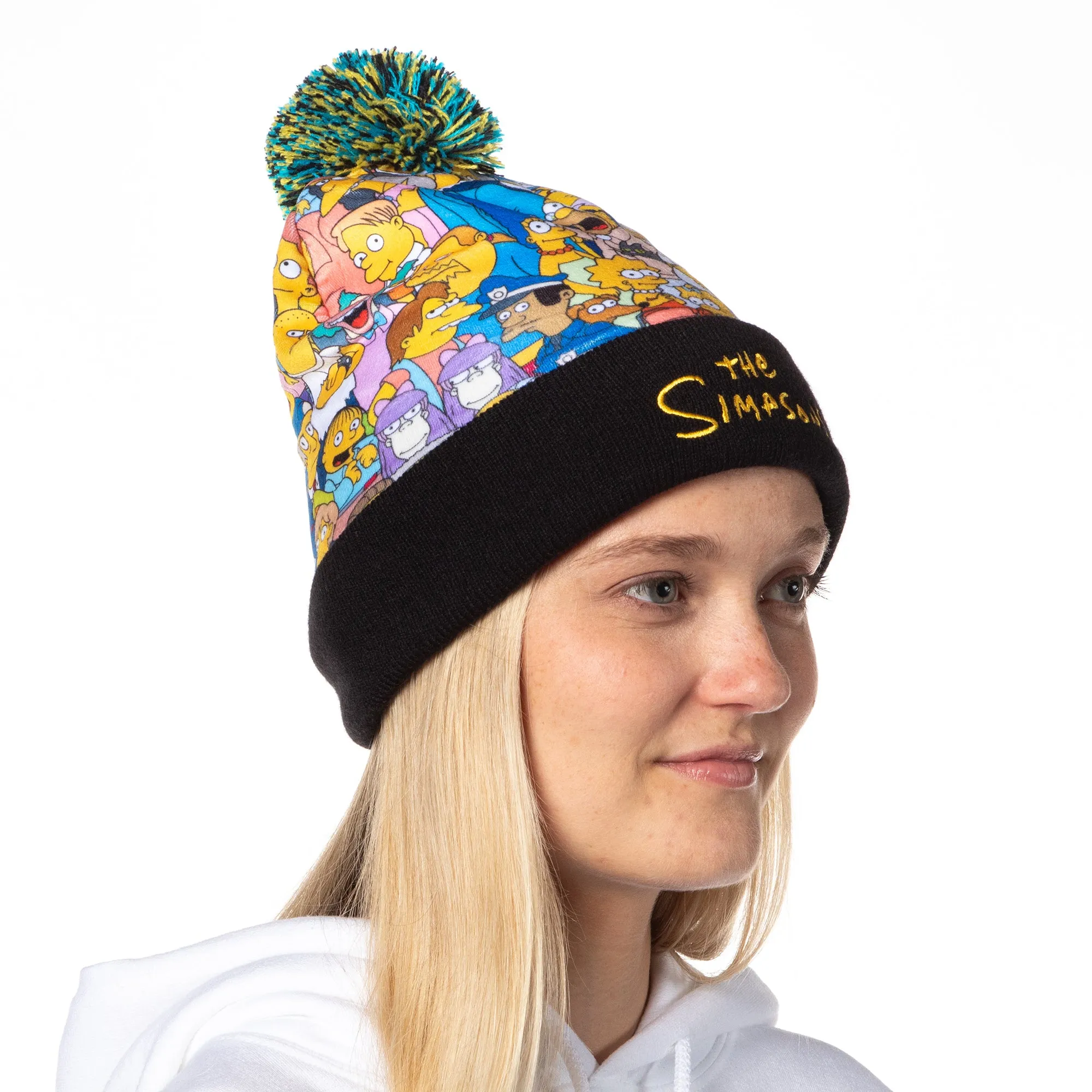 The Simpsons Character Collage Embroidered Logo Fold Cuff Pom Top Knit Beanie