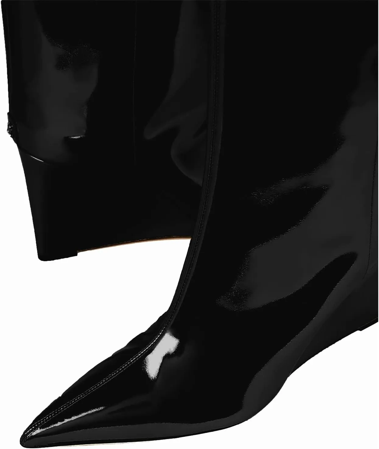 THESHY Women‘s Pointed Toe Knee High Boot Wedge Metallic High Heel Thigh High Boot Patent Leather Pull on Shoes