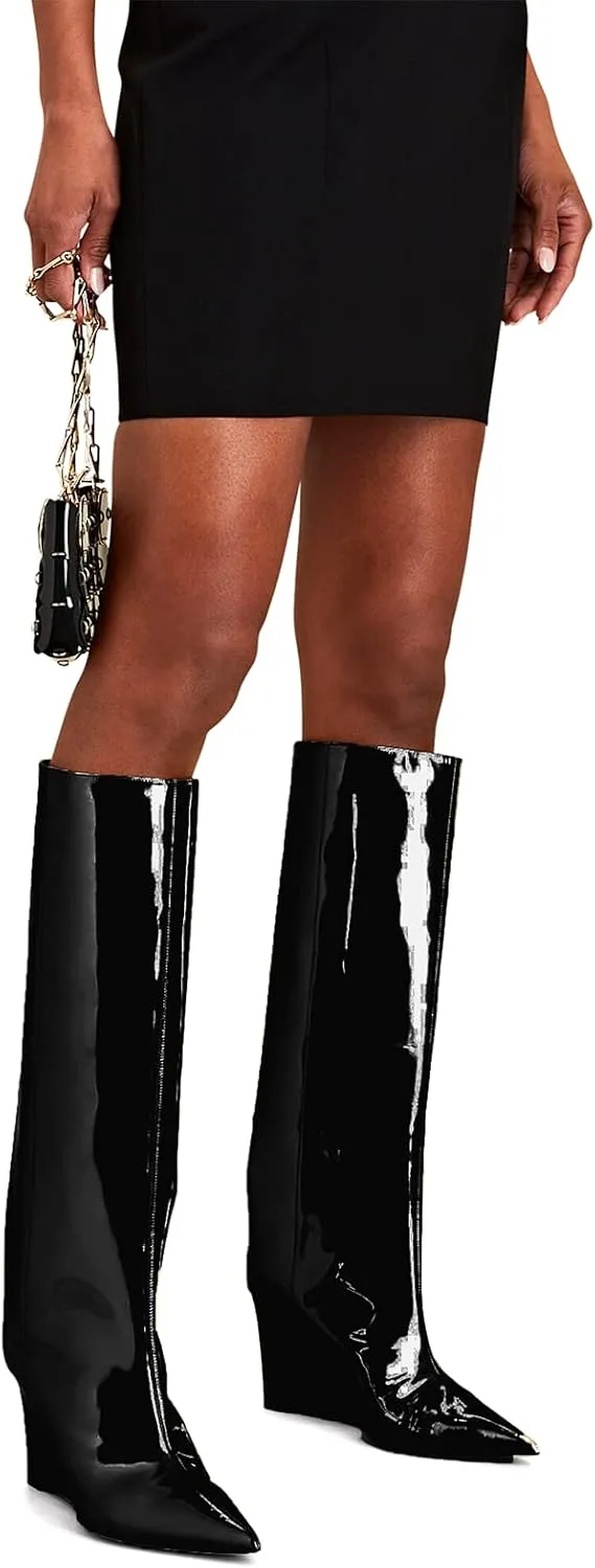 THESHY Women‘s Pointed Toe Knee High Boot Wedge Metallic High Heel Thigh High Boot Patent Leather Pull on Shoes