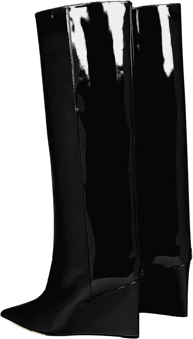 THESHY Women‘s Pointed Toe Knee High Boot Wedge Metallic High Heel Thigh High Boot Patent Leather Pull on Shoes