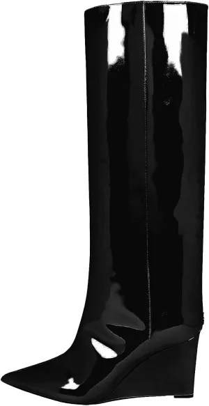 THESHY Women‘s Pointed Toe Knee High Boot Wedge Metallic High Heel Thigh High Boot Patent Leather Pull on Shoes
