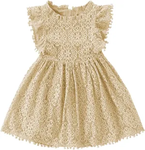 Toddler Girls Cute Pompoms Lace Floral Elegant Retro Swing Party Dress