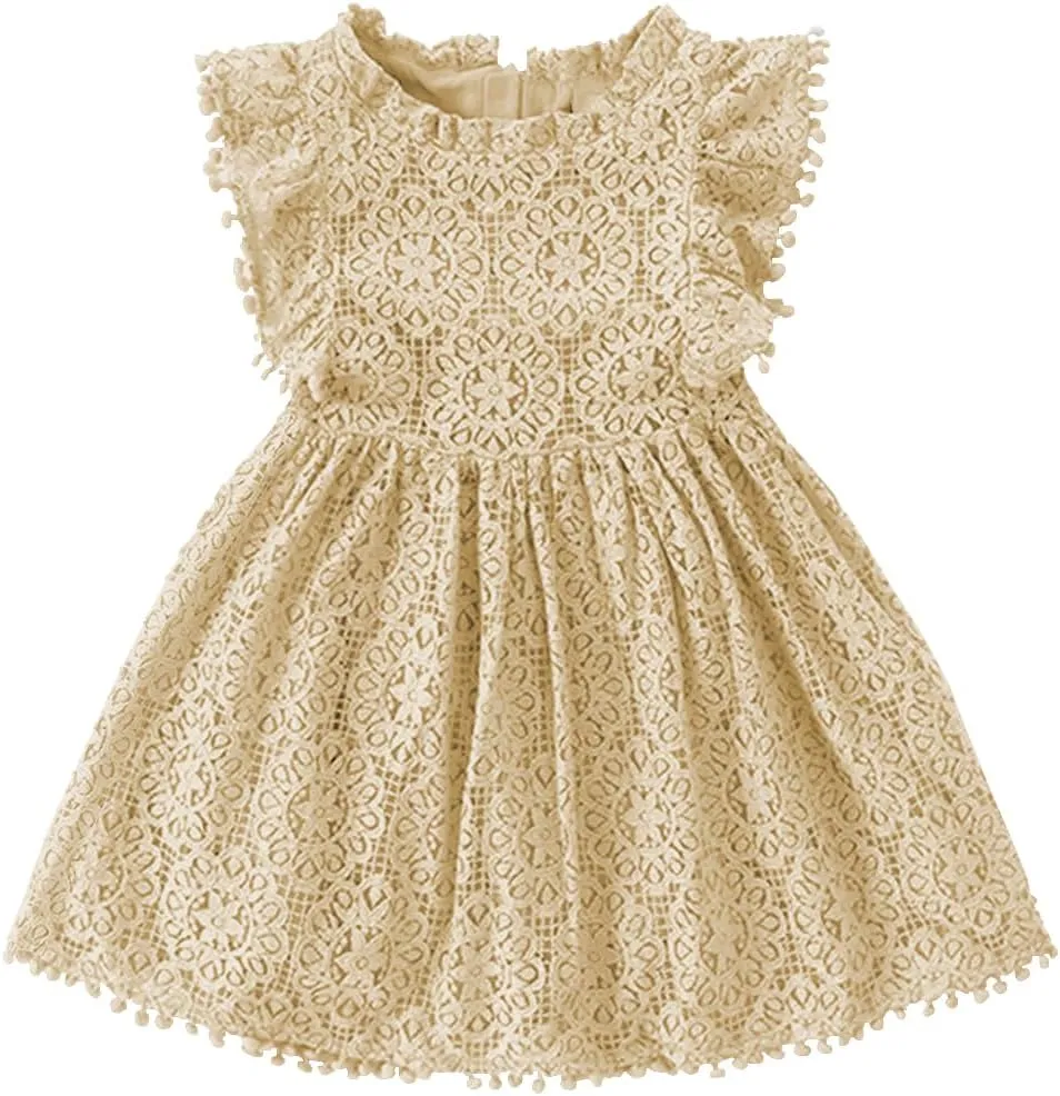 Toddler Girls Cute Pompoms Lace Floral Elegant Retro Swing Party Dress