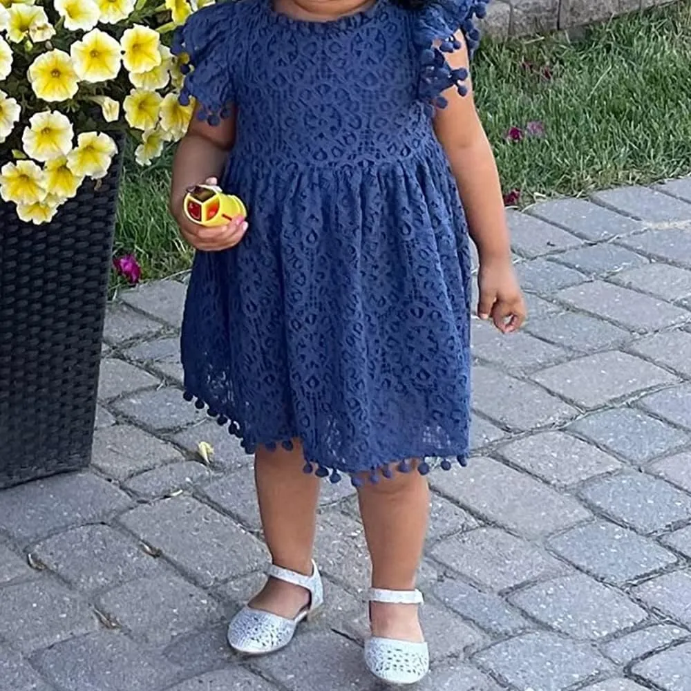 Toddler Girls Cute Pompoms Lace Floral Elegant Retro Swing Party Dress