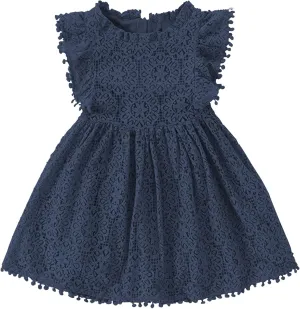Toddler Girls Cute Pompoms Lace Floral Elegant Retro Swing Party Dress