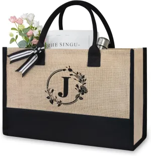 TOPDesign Personalized Initial Jute/Canvas Beach Bag, Monogrammed Gift Tote Bag for Women