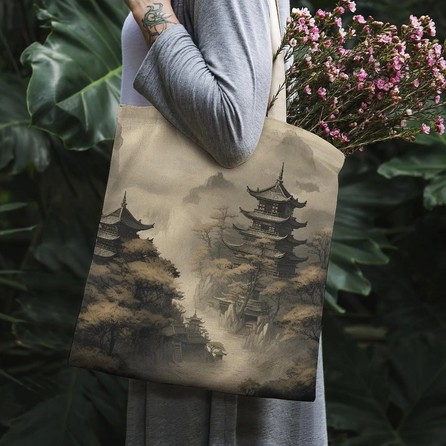 Tote Bag Reusable On Smooth Moss Grocery Bag Canvas Shopping Bag with Inner Pocket for Women
