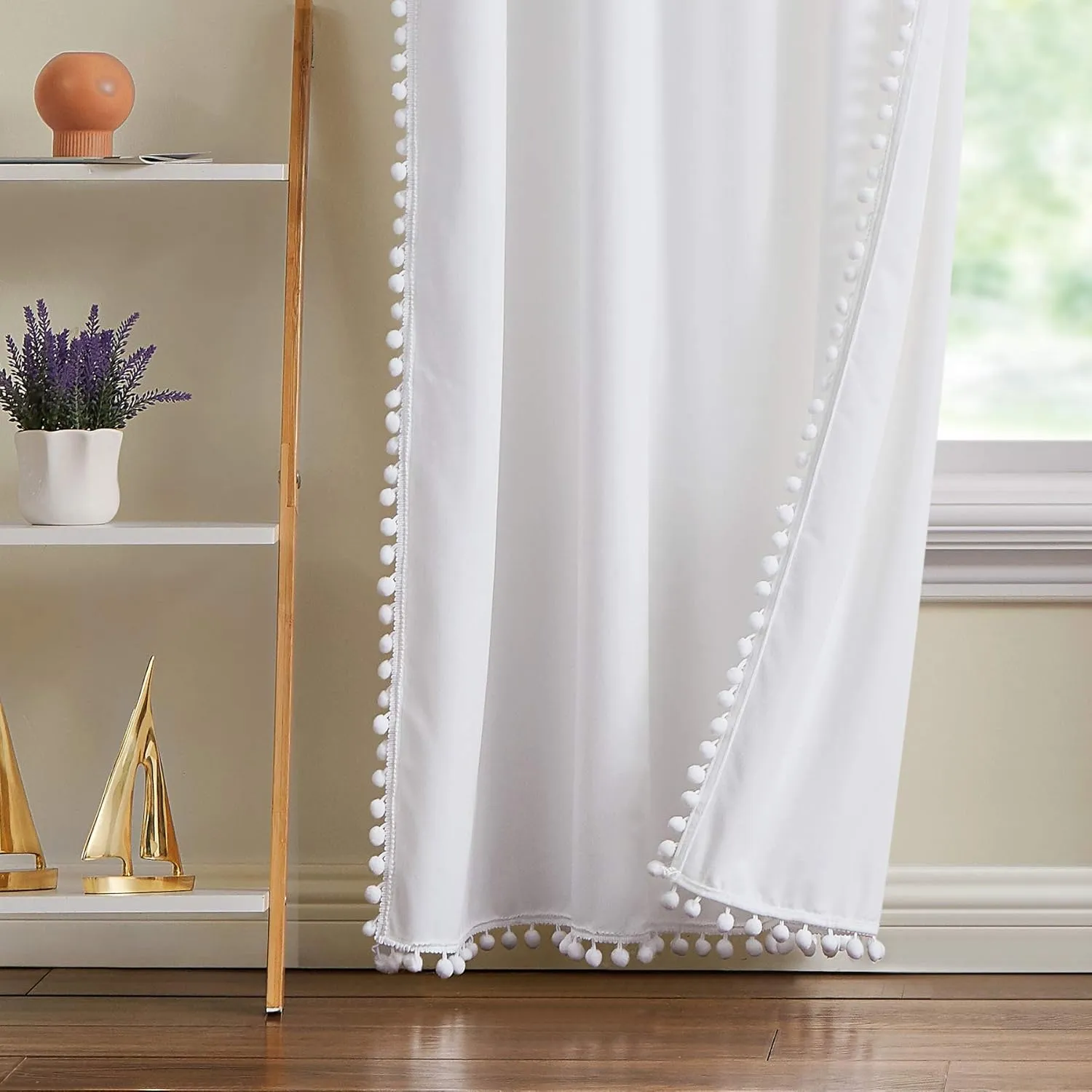 Treatmentex White Velvet Curtains for Bedroom Pompom Window Curtain Panels for Kids Girls Room Décor 95inches Length Luxury Soft Room Darkening Curtain Drapes for Nursery Room, Rod Pocket, 2pcs
