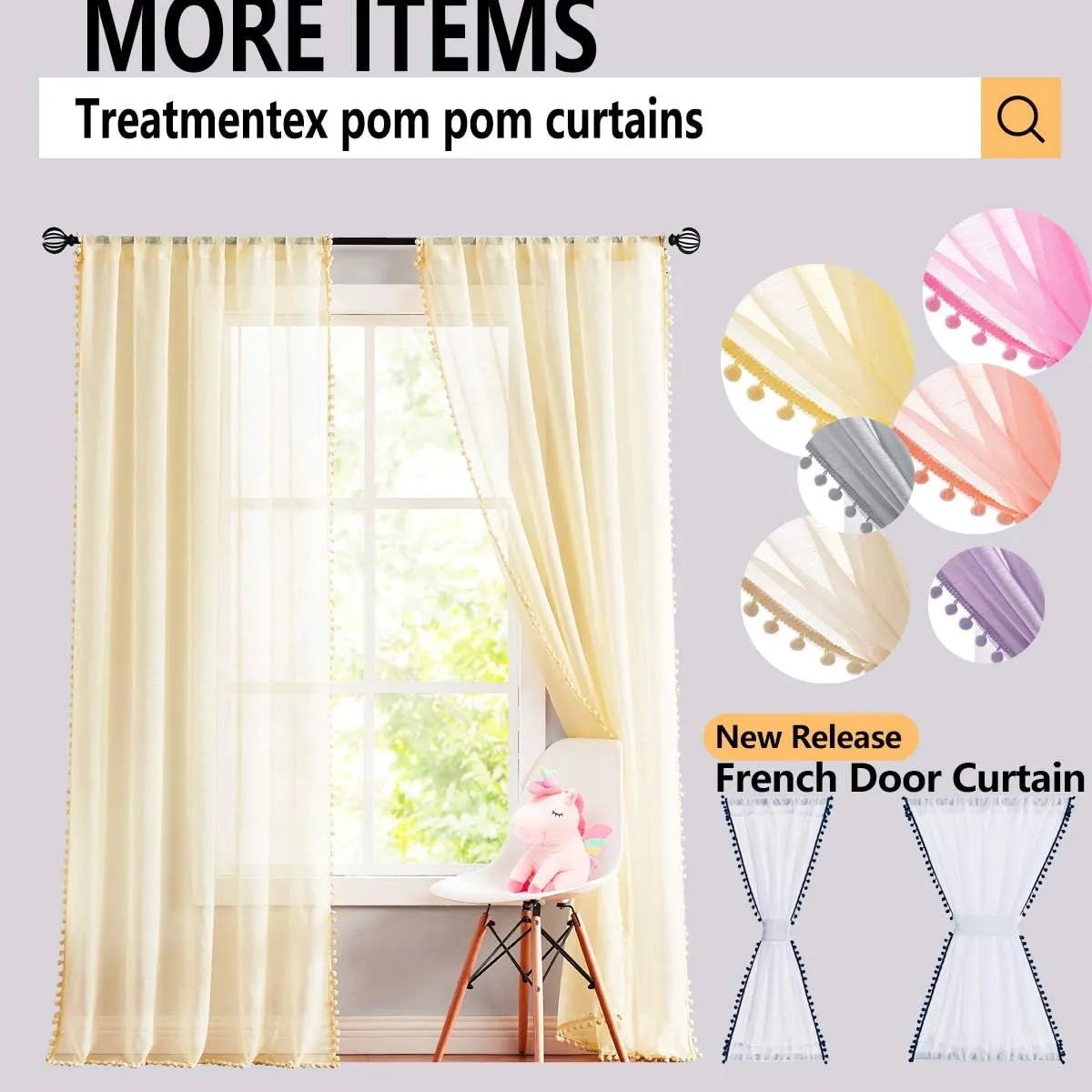 Treatmentex White Velvet Curtains for Bedroom Pompom Window Curtain Panels for Kids Girls Room Décor 95inches Length Luxury Soft Room Darkening Curtain Drapes for Nursery Room, Rod Pocket, 2pcs