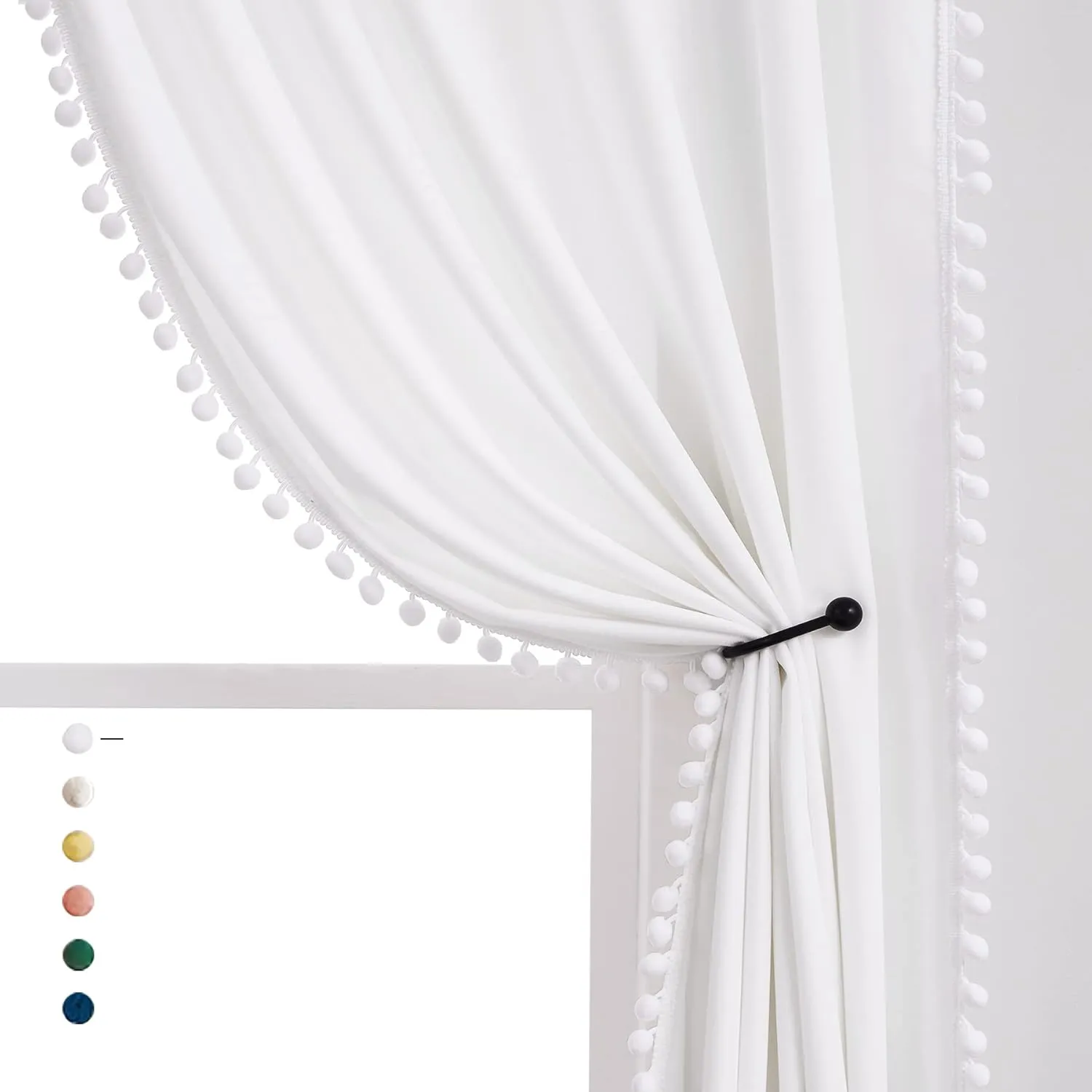 Treatmentex White Velvet Curtains for Bedroom Pompom Window Curtain Panels for Kids Girls Room Décor 95inches Length Luxury Soft Room Darkening Curtain Drapes for Nursery Room, Rod Pocket, 2pcs