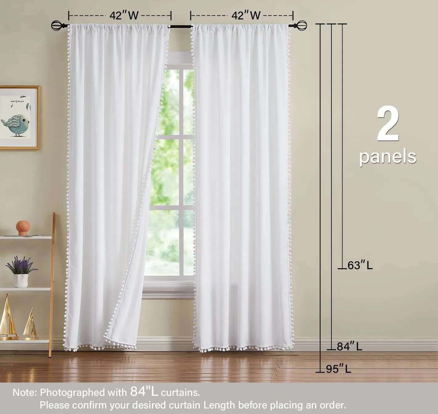 Treatmentex White Velvet Curtains for Bedroom Pompom Window Curtain Panels for Kids Girls Room Décor 95inches Length Luxury Soft Room Darkening Curtain Drapes for Nursery Room, Rod Pocket, 2pcs