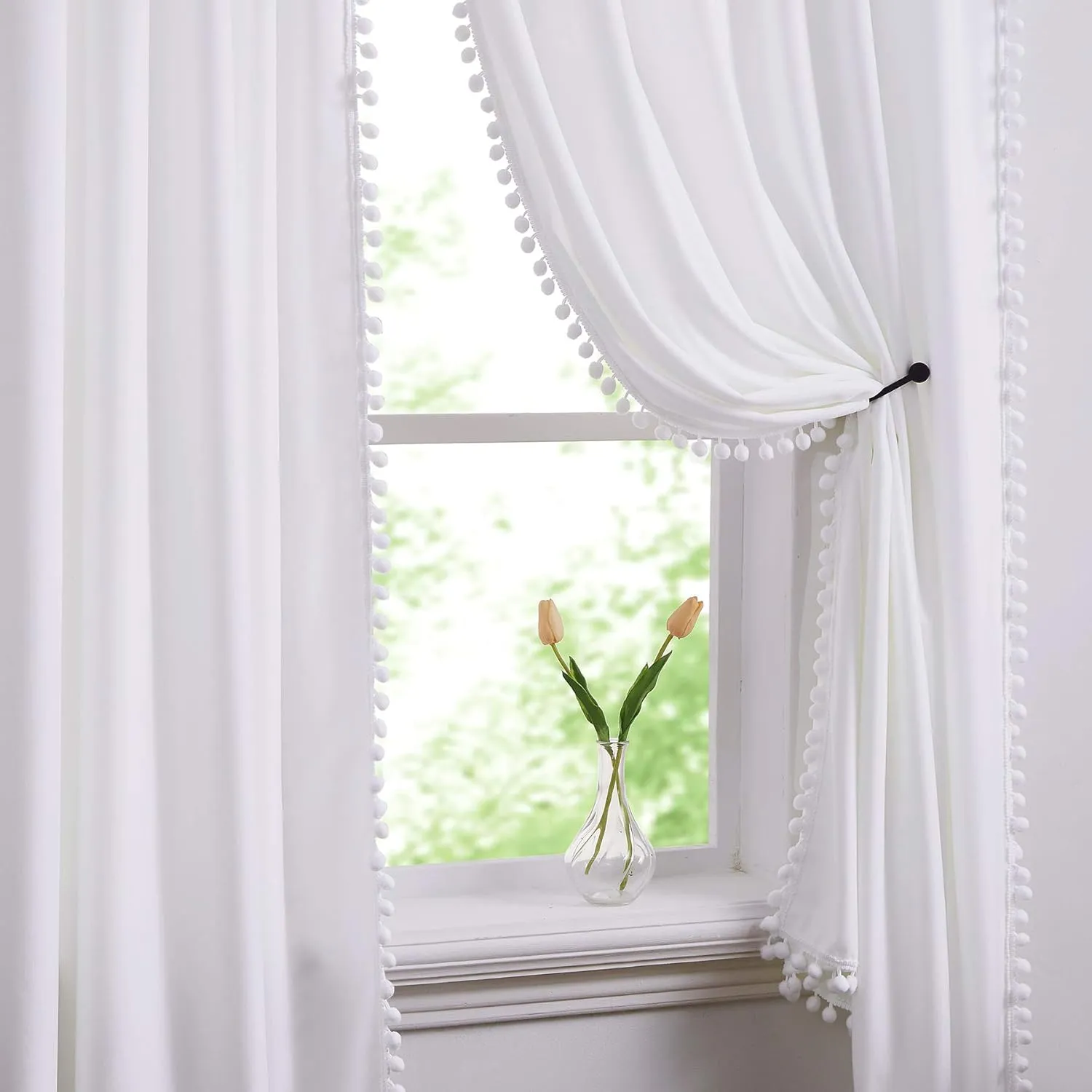Treatmentex White Velvet Curtains for Bedroom Pompom Window Curtain Panels for Kids Girls Room Décor 95inches Length Luxury Soft Room Darkening Curtain Drapes for Nursery Room, Rod Pocket, 2pcs