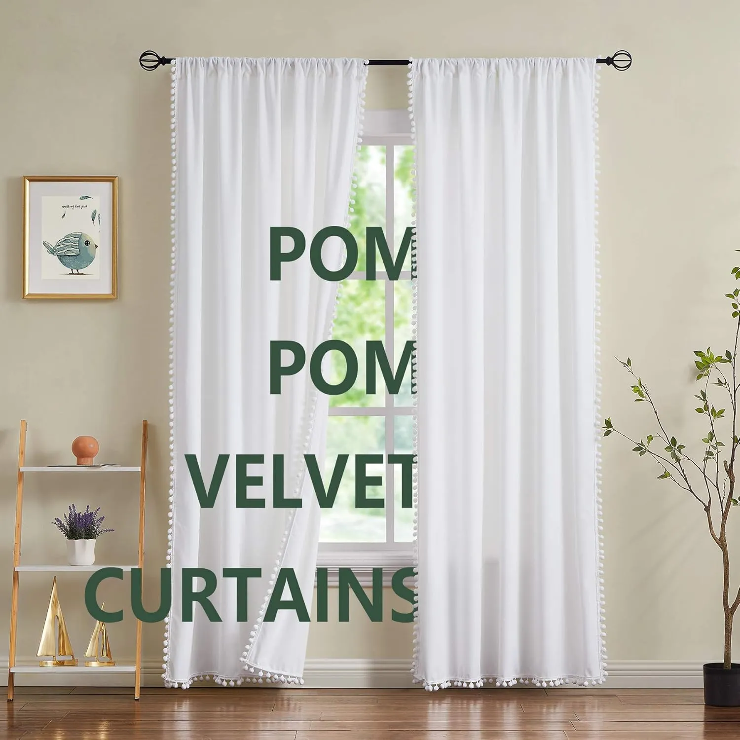 Treatmentex White Velvet Curtains for Bedroom Pompom Window Curtain Panels for Kids Girls Room Décor 95inches Length Luxury Soft Room Darkening Curtain Drapes for Nursery Room, Rod Pocket, 2pcs