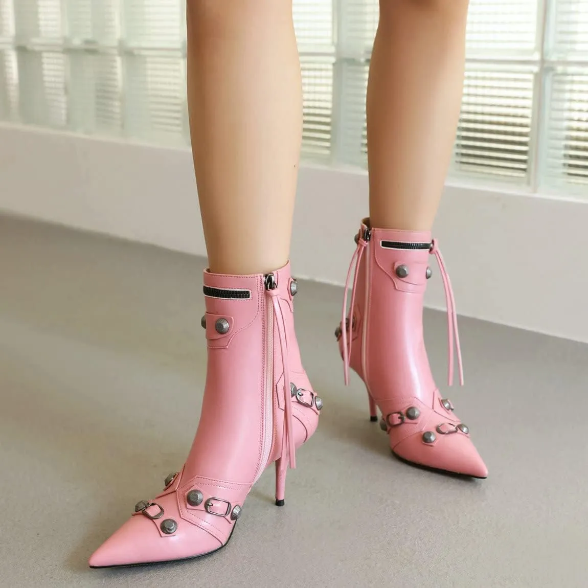 Trendenzy Pointed Toe Zip Stiletto Kitten Heel Buckle Ankle Boots for Women Sexy Tassel Booties