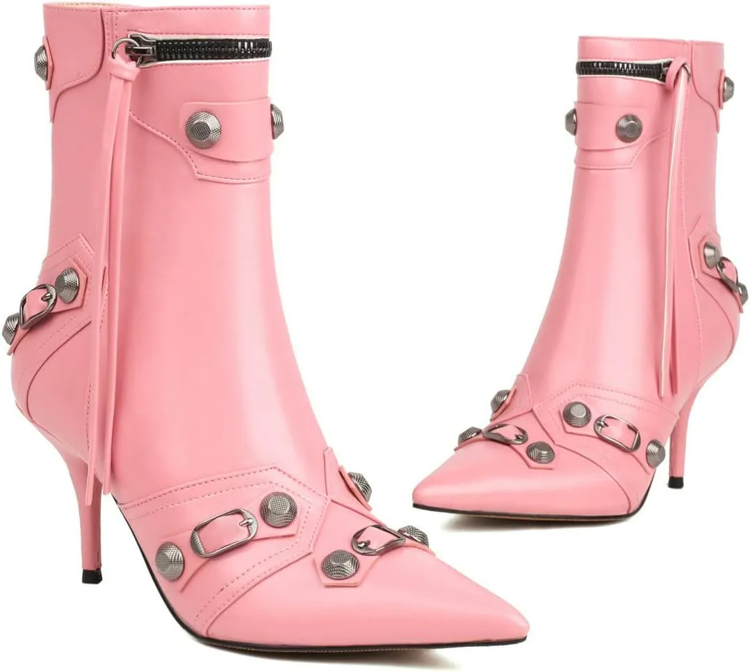 Trendenzy Pointed Toe Zip Stiletto Kitten Heel Buckle Ankle Boots for Women Sexy Tassel Booties