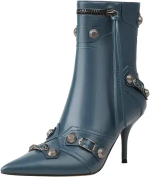 Trendenzy Pointed Toe Zip Stiletto Kitten Heel Buckle Ankle Boots for Women Sexy Tassel Booties
