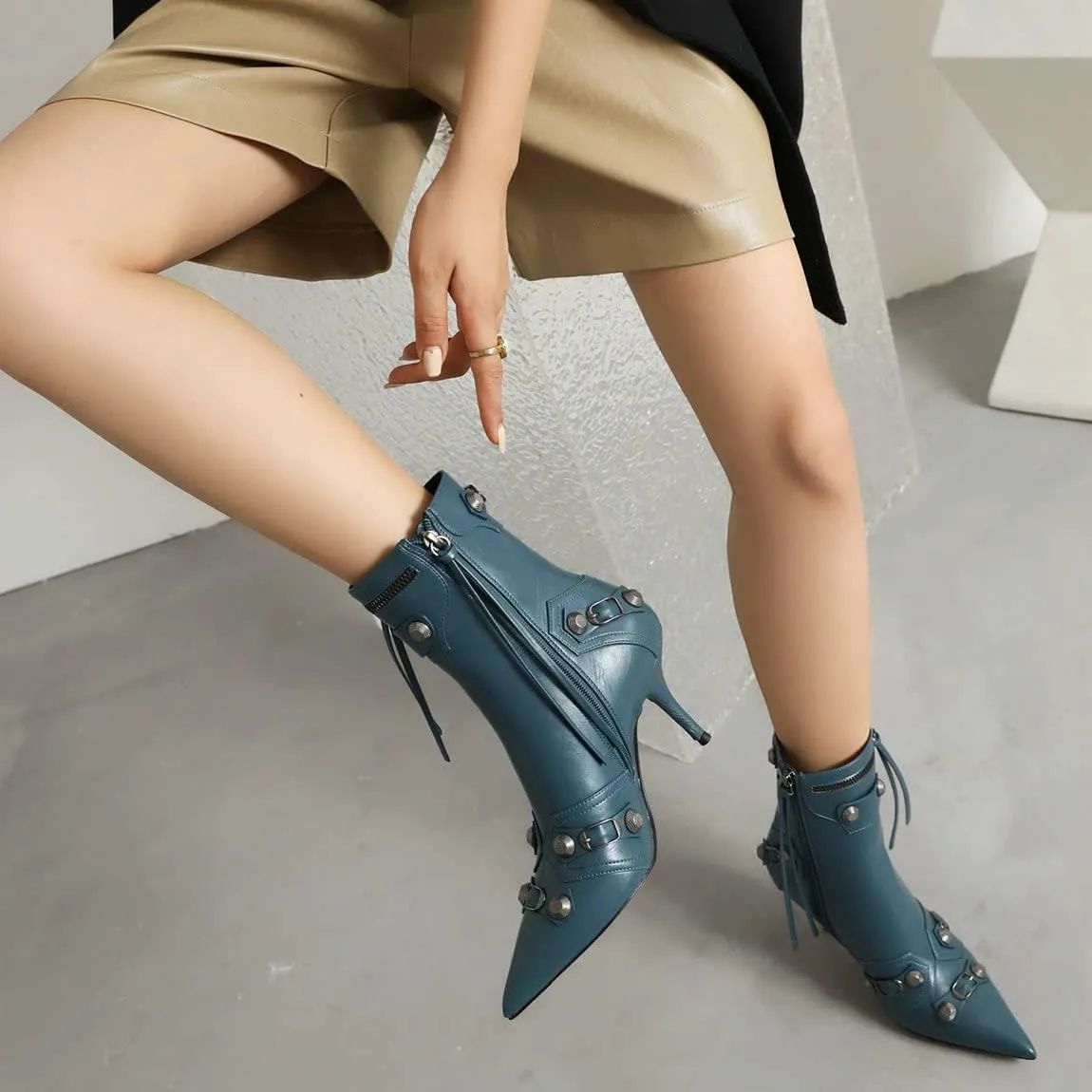 Trendenzy Pointed Toe Zip Stiletto Kitten Heel Buckle Ankle Boots for Women Sexy Tassel Booties