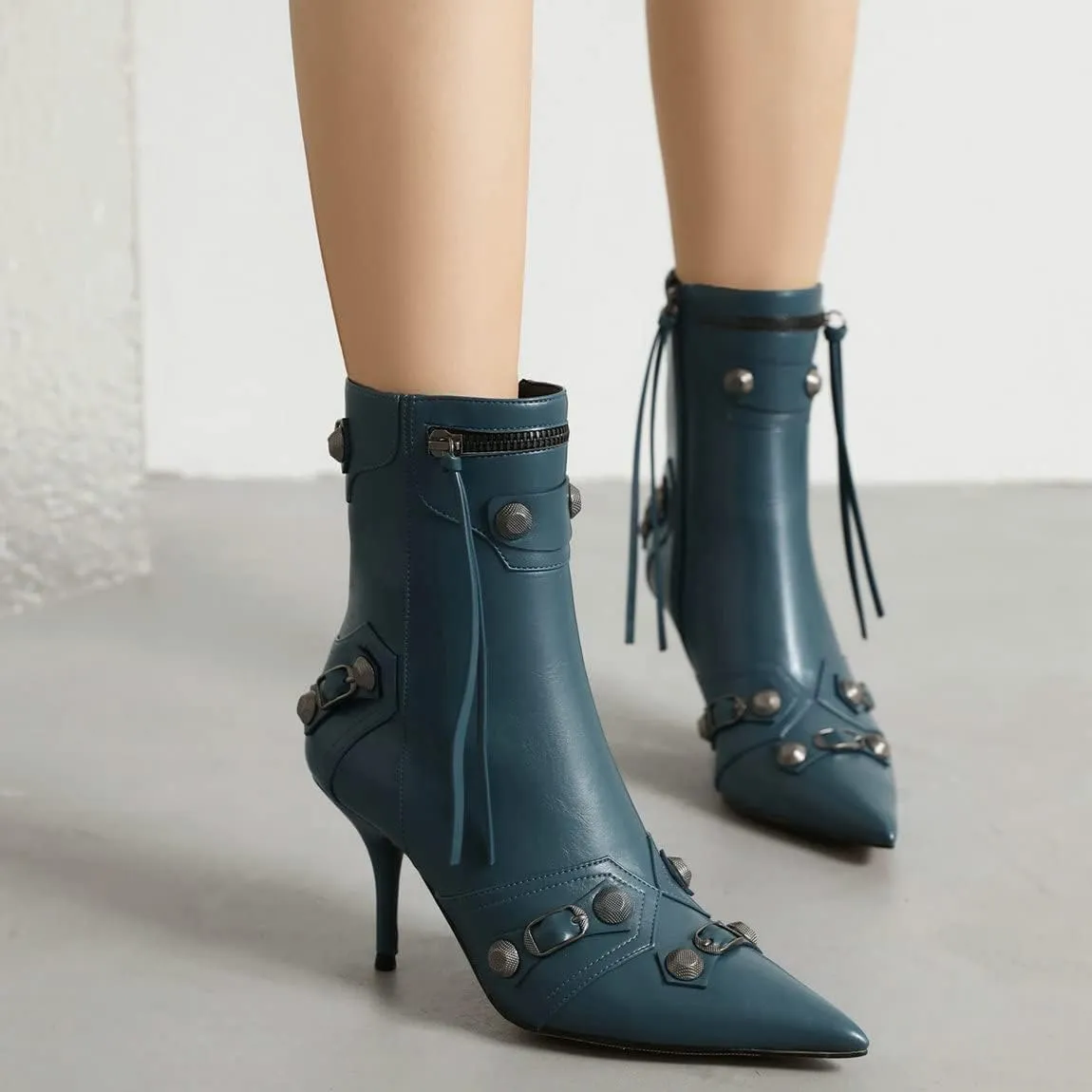 Trendenzy Pointed Toe Zip Stiletto Kitten Heel Buckle Ankle Boots for Women Sexy Tassel Booties
