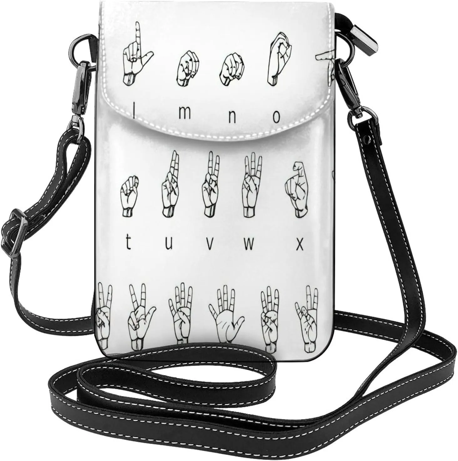Trendy mini Sign Language Alphabet. print crossbody cell phone bag for women,everyday use and travel handbag