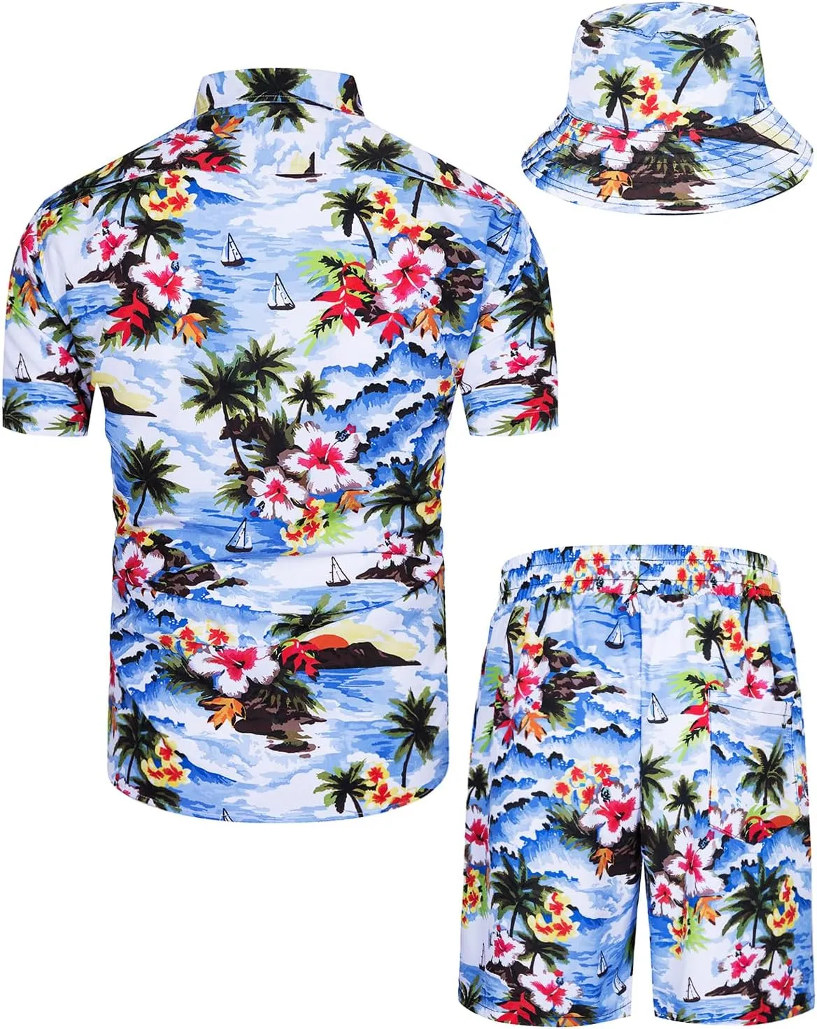 TUNEVUSE Mens Hawaiian Shirts and Shorts Set 2 Pieces Beach Outfits Flower Print Summer Tropical Suit with Bucket Hats