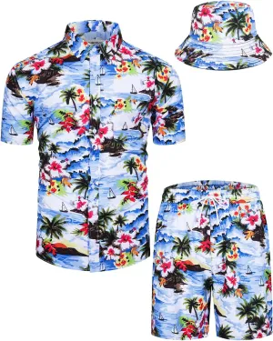 TUNEVUSE Mens Hawaiian Shirts and Shorts Set 2 Pieces Beach Outfits Flower Print Summer Tropical Suit with Bucket Hats