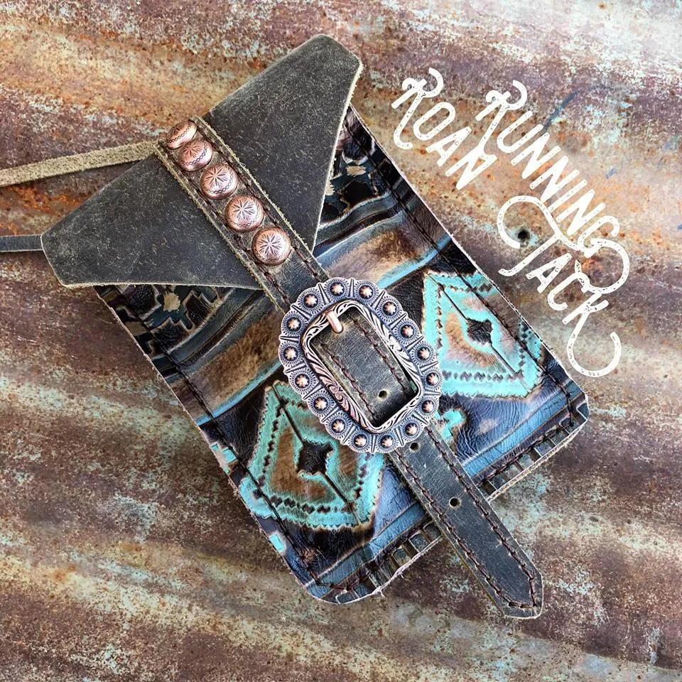 Turquoise Aztec Mini Saddle Bag with Your Choice of Buckle and Fringe for Phone, Keys, Roping Powder, etc