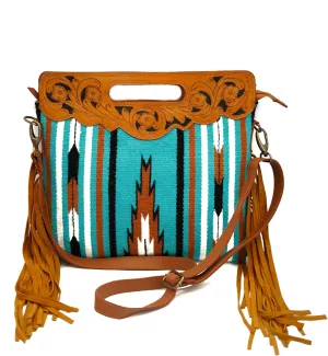 Turquoise Jacquard Fabric Handbag with Fringe Detailing and Single Strap