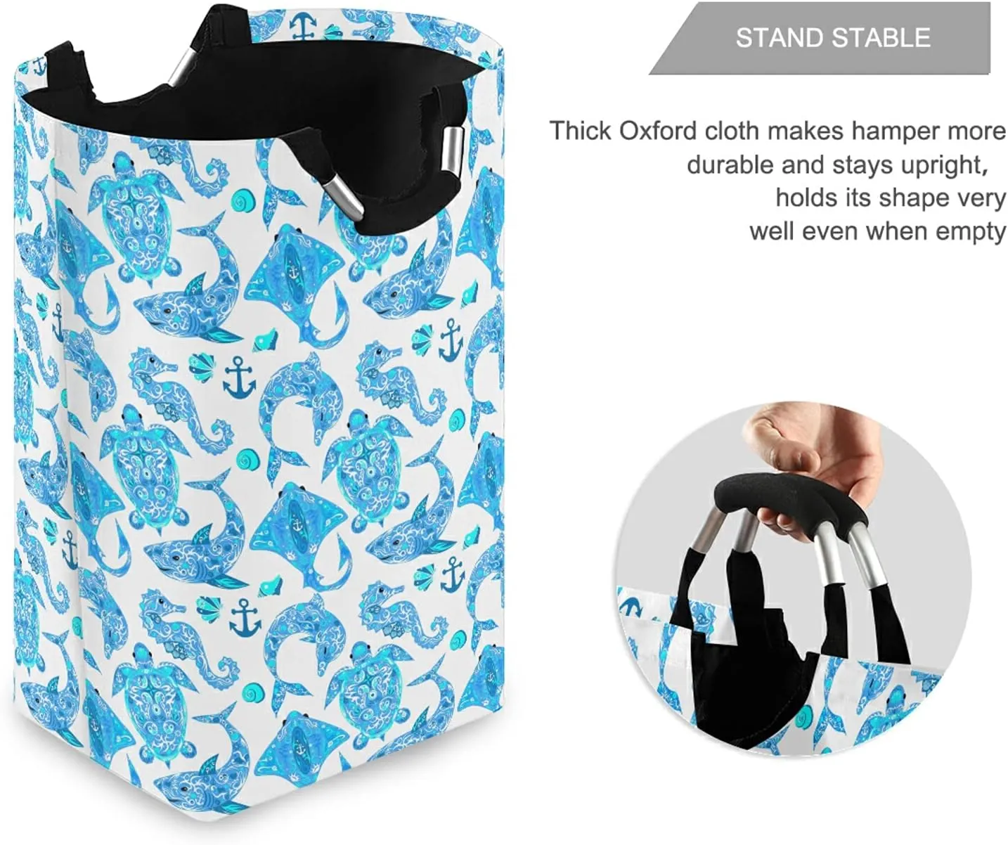Turquoise Marine Animals, Sea Turtle, Dolphin, Sea Horse on White Laundry Hamper Basket Bucket, Foldable Dirty Clothes Bag, Waterproof Fabric Washing Bin, Toy Storage with Handles for Bathroom