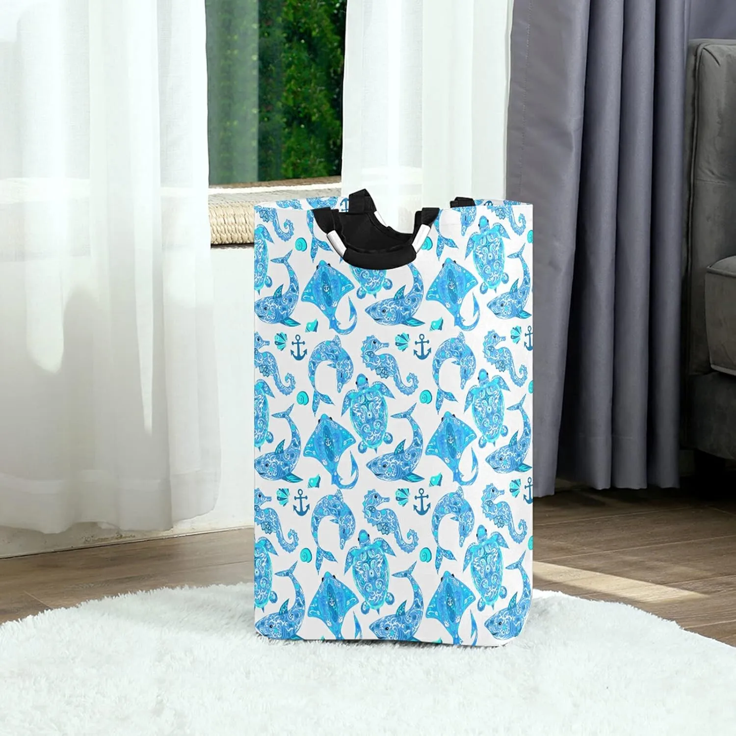 Turquoise Marine Animals, Sea Turtle, Dolphin, Sea Horse on White Laundry Hamper Basket Bucket, Foldable Dirty Clothes Bag, Waterproof Fabric Washing Bin, Toy Storage with Handles for Bathroom
