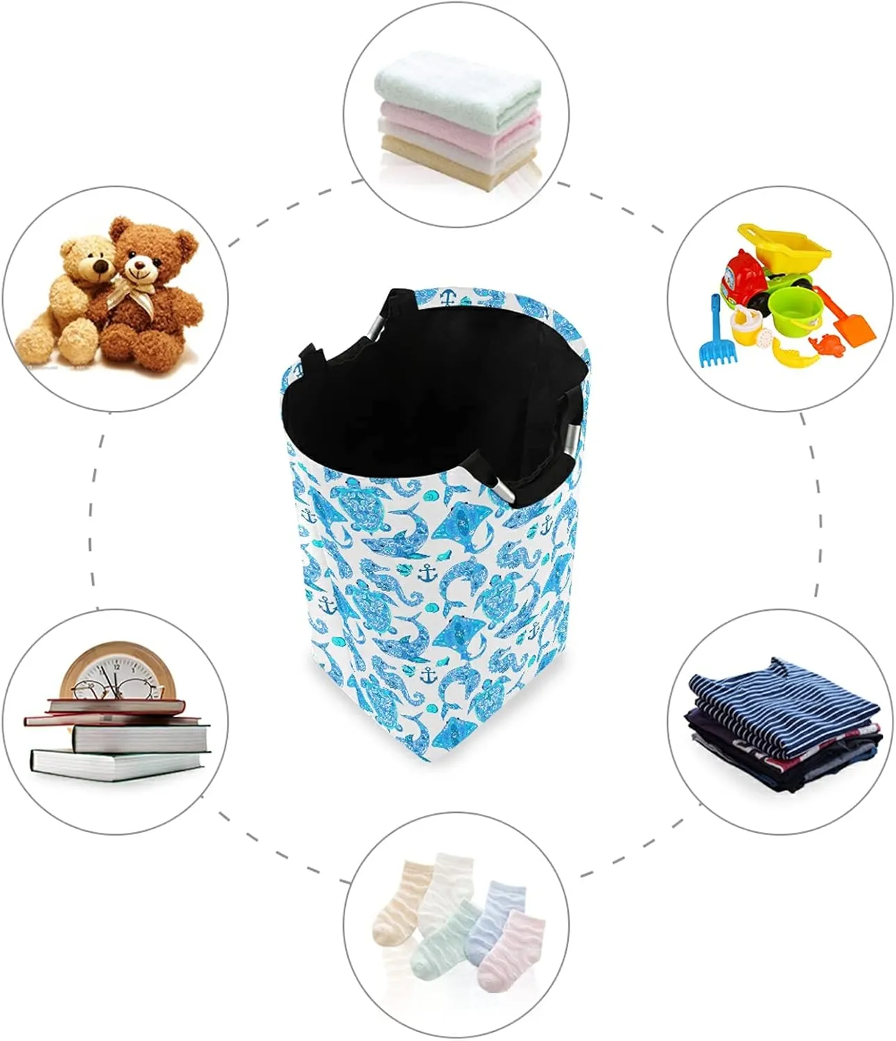 Turquoise Marine Animals, Sea Turtle, Dolphin, Sea Horse on White Laundry Hamper Basket Bucket, Foldable Dirty Clothes Bag, Waterproof Fabric Washing Bin, Toy Storage with Handles for Bathroom