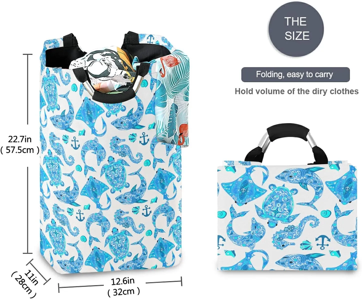 Turquoise Marine Animals, Sea Turtle, Dolphin, Sea Horse on White Laundry Hamper Basket Bucket, Foldable Dirty Clothes Bag, Waterproof Fabric Washing Bin, Toy Storage with Handles for Bathroom