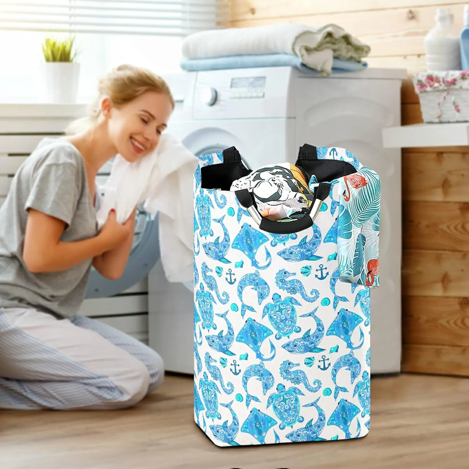Turquoise Marine Animals, Sea Turtle, Dolphin, Sea Horse on White Laundry Hamper Basket Bucket, Foldable Dirty Clothes Bag, Waterproof Fabric Washing Bin, Toy Storage with Handles for Bathroom
