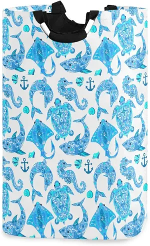Turquoise Marine Animals, Sea Turtle, Dolphin, Sea Horse on White Laundry Hamper Basket Bucket, Foldable Dirty Clothes Bag, Waterproof Fabric Washing Bin, Toy Storage with Handles for Bathroom