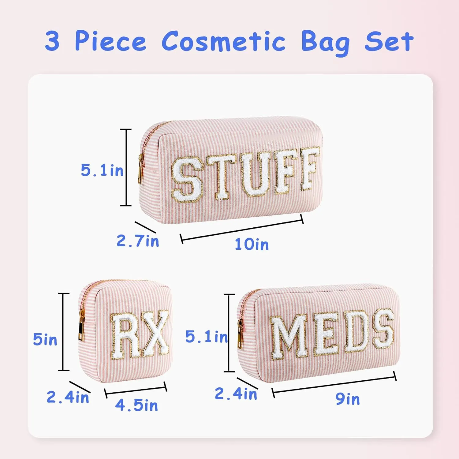 uekeboag Seersucker Chenille Letter Stuff Meds RX Makeup Bag, Travel Washable Purse Organizer with Zipper, Lightweight Toiletry Cute Personalized Preppy Cosmetic Bag For Women and Girls(3pcs Pink)